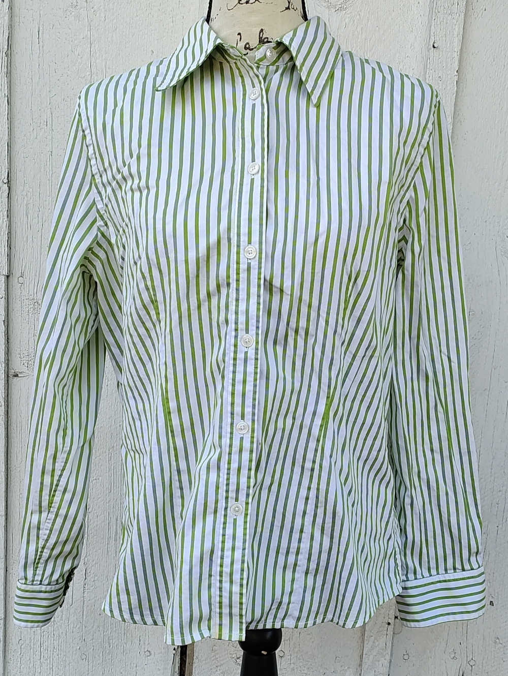 Jones New York Womens White Chartruese Green Striped Button-Down Shirt Size L